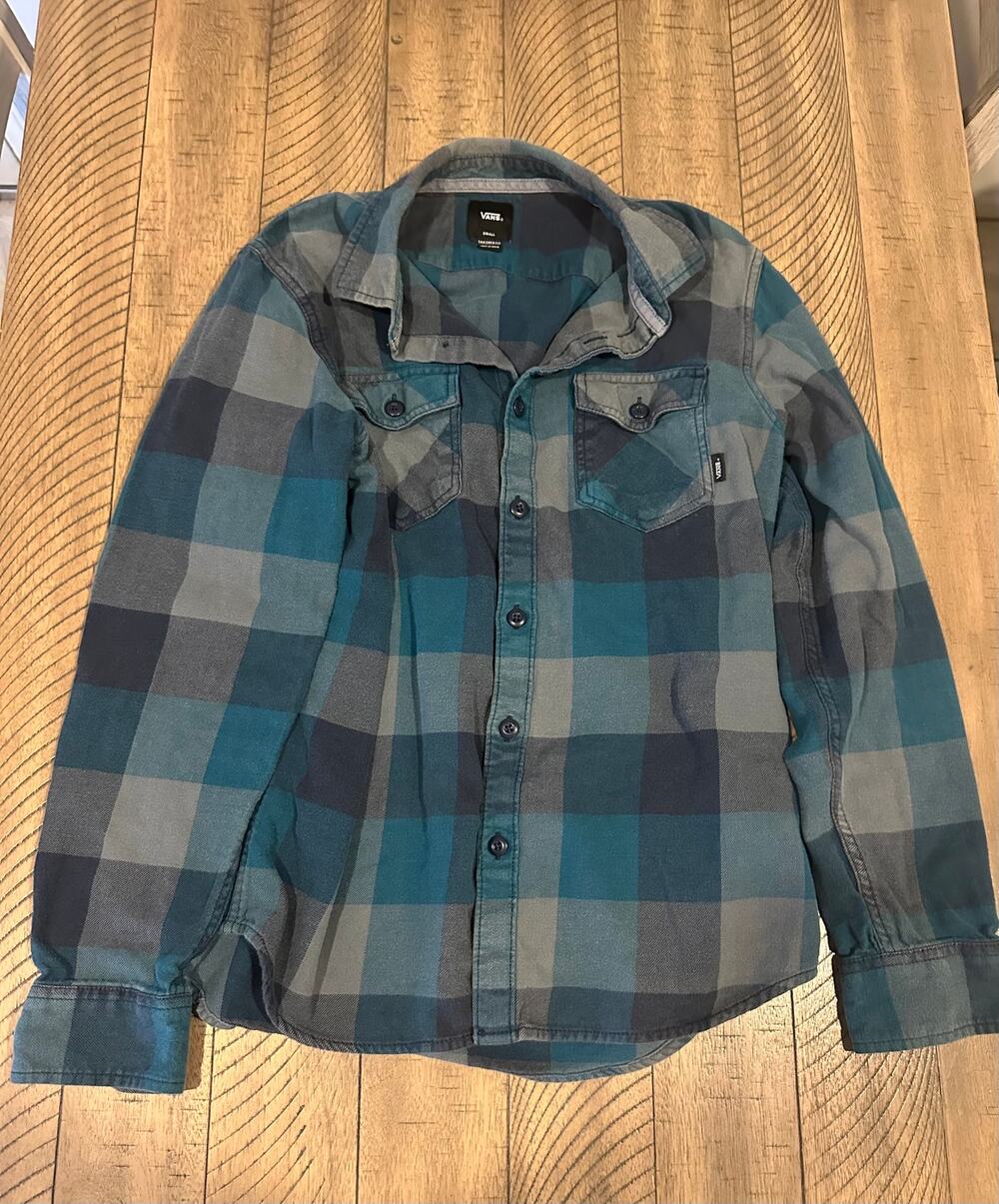 Vans Flannel Shirt Mens Small Blue Teal Plaid Long Sleeve Button Down